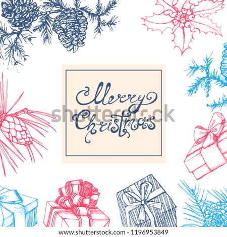 merry Christmas, needles, cones, gifts, hand drawing, banner, vector, colored outline, isolated on white background
