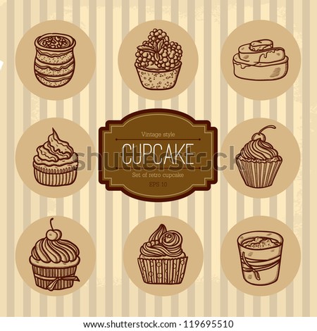 Background with cupcake and lace. Sweet Cupcake Set. Blue set of sweet cupcakes . Beautiful Vintage card with sweet cupcake. Retro style. Place for text. Isolated objects on grunge background.