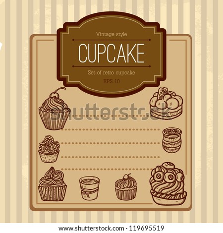 Background with cupcake and lace. Sweet Cupcake Set. Blue set of sweet cupcakes . Beautiful Vintage card with sweet cupcake. Retro style. Place for text. Isolated objects on grunge background.
