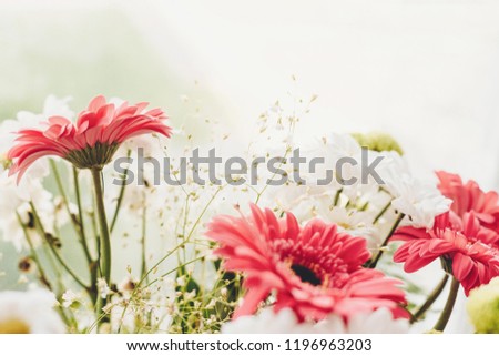 Pink gerbera,white daisy and green chrysanthemum in beautiful  bouquet at rustic window in soft light. Wedding invitation,happy mother day or Valentine day concept. Hello spring