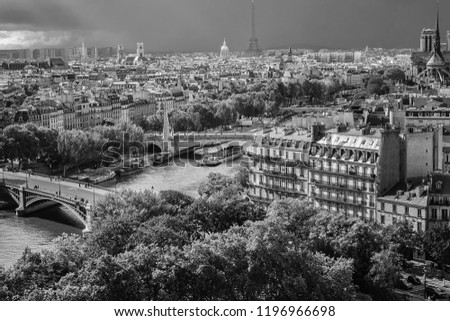 Black and white aerial view of Paris before the storm. France.