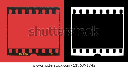 Real macro photo of old 35mm dia film frame plus alpha mask to isolate the frame from the red background