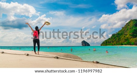 Beautiful nature scenic landscape with active freedom traveler woman joy fun relaxing sunny beach Travel Phuket Thailand Tourism destination scenery place Asia Tourists people summer holidays vacation