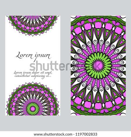 Invitation or Card template with floral mandala pattern. For Wedding, greeting cards, Birthday Invitation. The front and rear side. Vector illustration