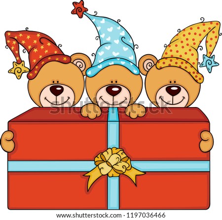 Three cute teddy bears with big red gift box