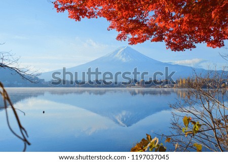 Panoramic view of Mt.Fuji with colorful red leaves in autumn at Japan.