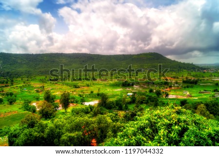 Landscape of the mountain ranges of Western Ghats at Mallavali located on the Pune lonavla highway in the Indian state of Maharashtra