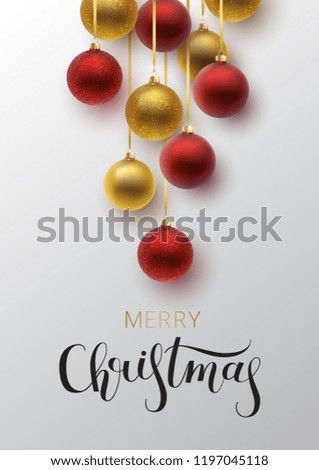 Christmas greeting card. Gold and red Christmas ball, with an ornament and spangles.Hand drawn lettering. Vector illustration.