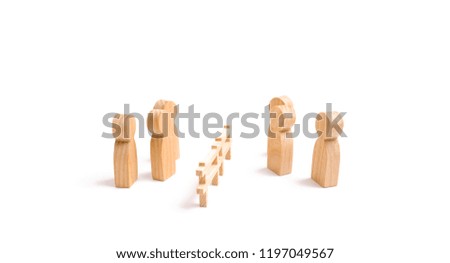 A wooden fence divides the two groups discussing the case. Termination and breakdown of relations, breaking ties. Contract break, conflict of interests. Negotiations of businessmen.