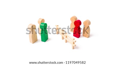 Termination and breakdown of relations, breaking ties. Contract break, conflict of interests. Negotiations of businessmen. A wooden fence divides the two groups discussing the case.