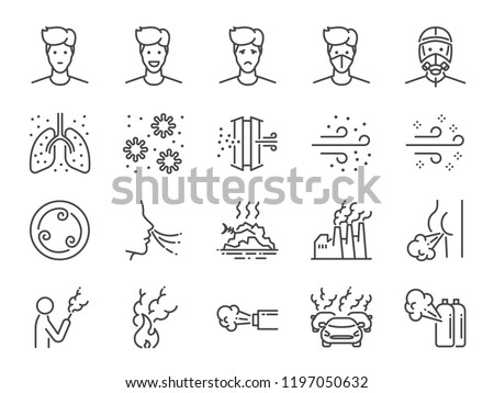 Air pollution line icon set. Included icons as smoke, smell, pollution, factory, dust and more. Royalty-Free Stock Photo #1197050632