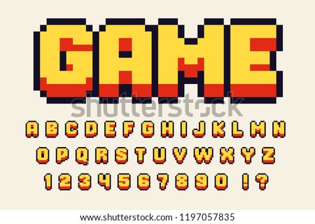 Pixel 3d retro font Video computer game design 8 bit letters and numbers Vector alphabet Royalty-Free Stock Photo #1197057835