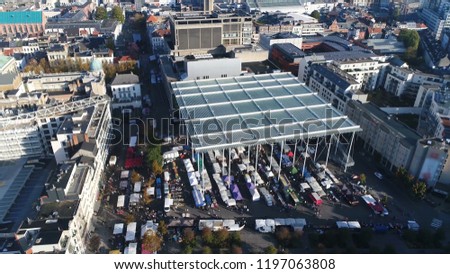 Aerial picture of Antwerp market square Vogelenmarkt is open area where stalls are traditionally set out for trading food small animals and clothing commonly on one particular day of the week