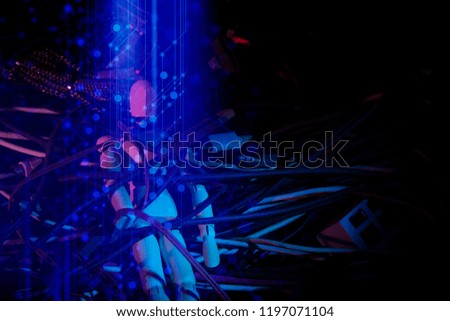 wood pose and wire in technology artificial intelligence robotic ai machine data network concept