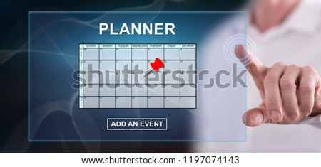 Man touching an event adding on planner concept on a touch screen with his finger