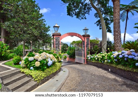 Vintage entry gate. Green garden and colorful flowers. Madeira Island, Portugal