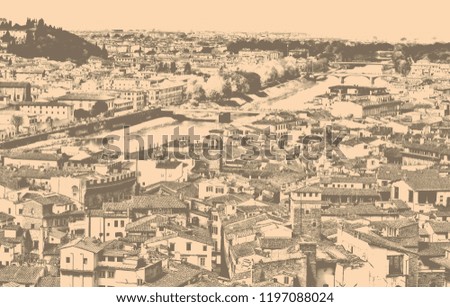 Matte vintage. Urban landscape. River. Bridges. Nice buildings with tile roofs in the old city. Panoramic skyline. Aerial view. Flat design. Italy, Tuscany, Florence