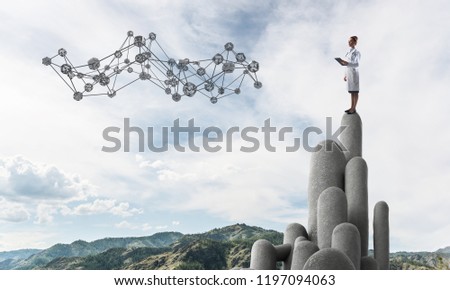 Young female doctor with folder in hands satnding on stone column. 3d rendering