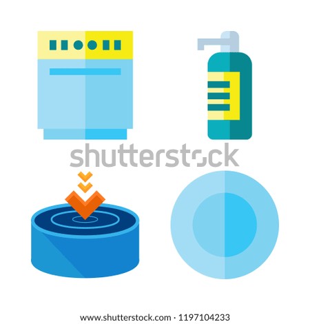 wash icon set. vector set about dishwasher, dish, soap dispenser and drop icons set.