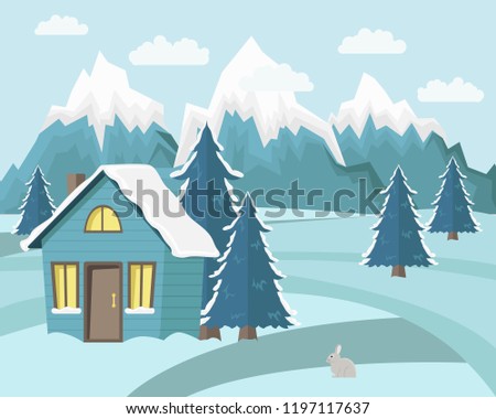 Winter mountain landscape background. Flat Vector Illustration. Country house witn fir-trees. Blue colors.