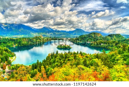 Panoramic view of Lake Bled with the island. UNESCO world heritage in Slovenia