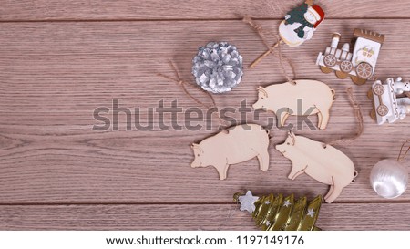 new year pigs, wild boar, 2019, Christmas toys-pigs, festive background, top view