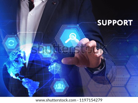 The concept of business, technology, the Internet and the network. A young entrepreneur working on a virtual screen of the future and sees the inscription: Support