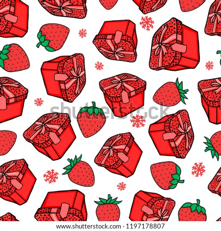Fashion illustration of a red strawberry and red gift box seamless pattern. Hand drawing sketch. Vector illustration background. Christmas and New Year's packaging concept wrapping paper