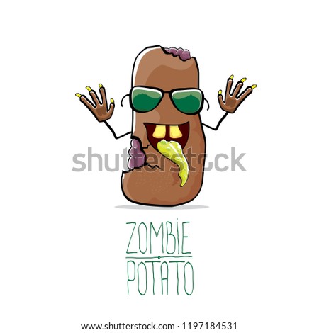 vector funny cartoon cute brown zombie potato character isolated on white background. My name is zombie potato vector concept halloween background. monster vegetable funky character