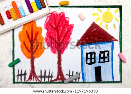Colorful hand drawing: beautiful autumn trees and small house 
