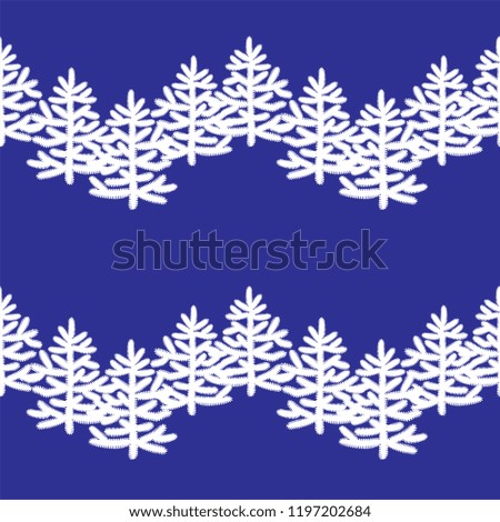 New Year seamless pattern with stylized Christmas trees on blue background. For gift design page, wrapping paper, textile, interior fabrics, wallpaper. Vector illustration.