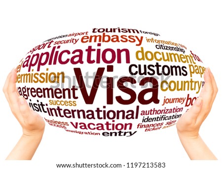 Visa Application word cloud hand sphere concept on white background.
