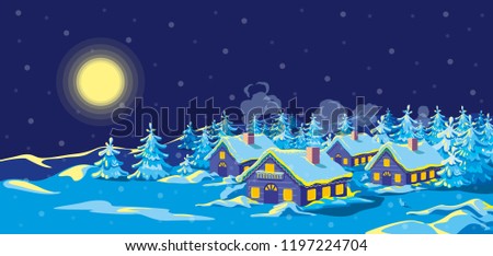 Night winter landscape with village, houses decorated with garlands and light bulbs among a forest of fir trees, mountains. Horizontal illustration for Christmas and New Year greeting card. Vector
