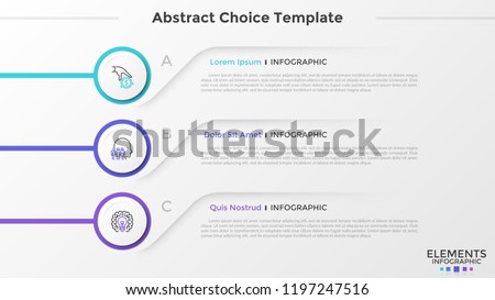 Three circular paper white elements with thin line icons inside placed one below other and place for text. List with 3 options to choose. Abstract infographic design template. Vector illustration. Royalty-Free Stock Photo #1197247516