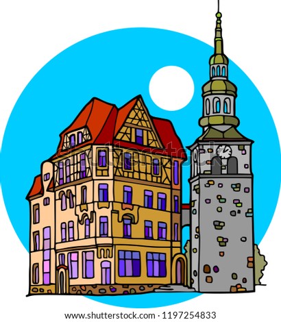 A part of a small castle. A front side of a clock tower with house. 
Hand drawn colored vector illustration.