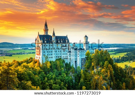 Neuschwanstein, summer landscape panorama picture of the fairy tale castle near Munich in Bavaria, Germany
