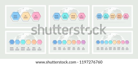 Business infographics. Presentations with 3, 4, 5, 6, 7, 8 steps, options, hexagons. Vector templates.  Editable line.