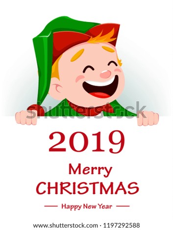 Merry Christmas. Funny Santa Claus helper. Cheerful cute elf. Cartoon character holding placard with greetings. Usable for greeting card, banner, poster, flyer, label or tag. Vector illustration.