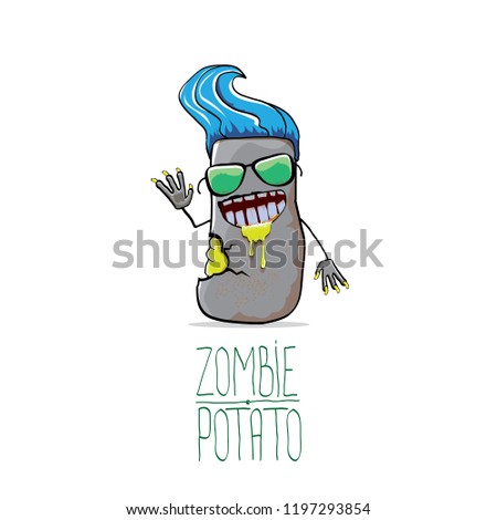vector funny cartoon grey zombie hipster potato character with hair isolated on white background. My name is zombie potato vector concept halloween background. monster vegetable funky character