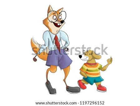 Illustration of a fox and a walking dog