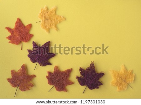 Top view of colorful autumn maple leaves decoration on yellow background with copy space. Vintage toned. Flat lay. Simple Halloween or autumn background. 
