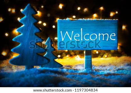 Blue Christmas Tree, English Text Welcome, Snow