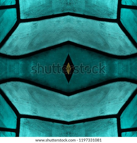 approaching the stained glass in aquamarine colors, with symmetry and reflection effect,  background and texture