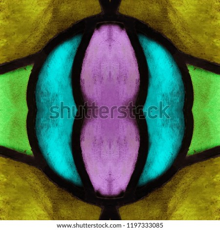 approaching the stained glass in pink, yellow, blue and green colors, with symmetry and reflection effect, background and texture