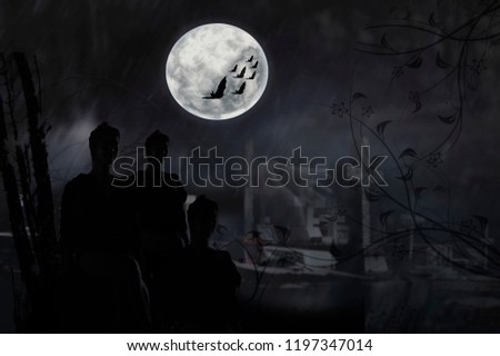 Halloween, the full moon in the dark night with tomb,