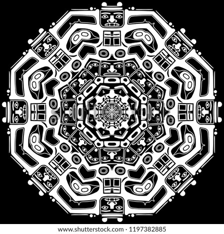 Bear Symbol Modern Stylization of North American and Canadian Native Art. Round Ornamental Mandala in Traditional  Style. Black and White Vector Illustration. Isolated Background for Fashion Textile