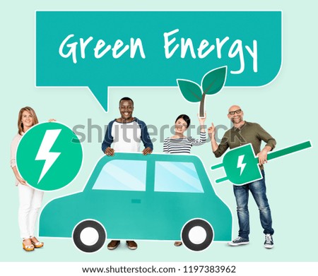 Cheerful people with a hybrid car