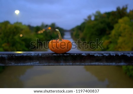Halloween Pumpkin on Railing with Bridge Landscape in the background during Sunset