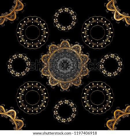 Golden seamless pattern on black, brown and gray colors with golden elements. Seamless vintage pattern on black, brown and gray colors with golden elements. Christmas, snowflake, new year.