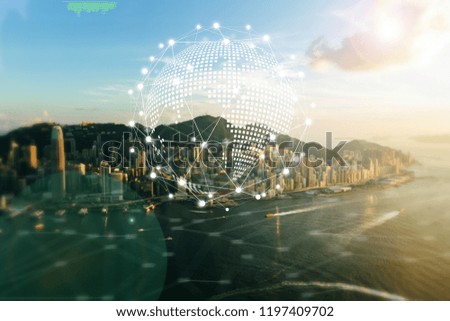 Communication network with digital virtual screen of Hong Kong Cityscape ,Technology Smart City with Internet of Things concept
